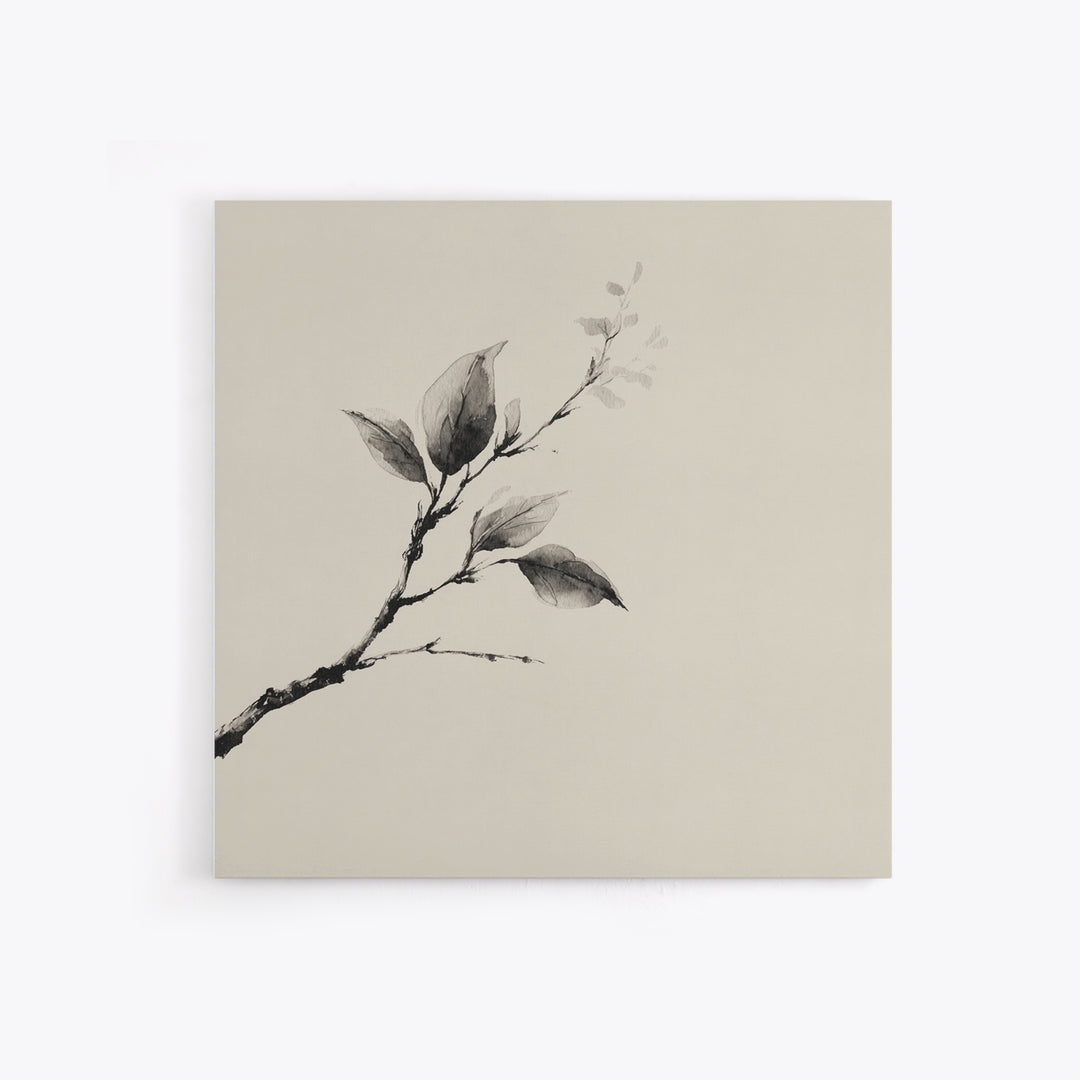 Minimal Ink Botanical Branch Wall Art, Neutral Japandi Nature Print, Calm Wabi Sabi Style Above Bed Framed Canvas Print