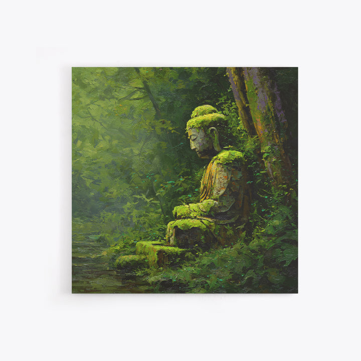 Serene Green Moss Covered Buddha Statue Wall Art Oil Painting Canvas Print For Peaceful Zen Home Decor And Meditation Room Wall