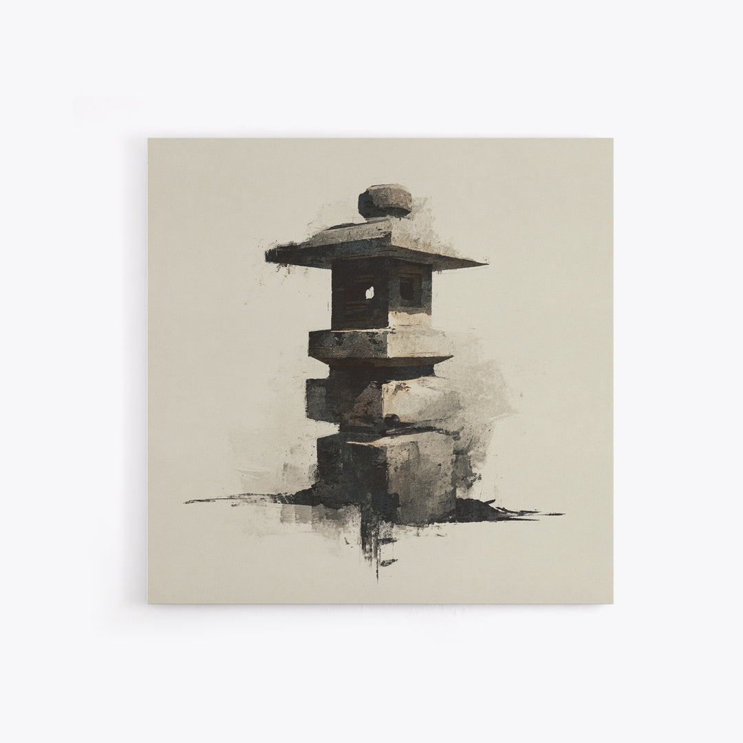 Minimal Japanese Stone Lantern Wall Art, Ink Style Zen Painting, Wabi Sabi Neutral Print For Japandi Home Decor And Entryway