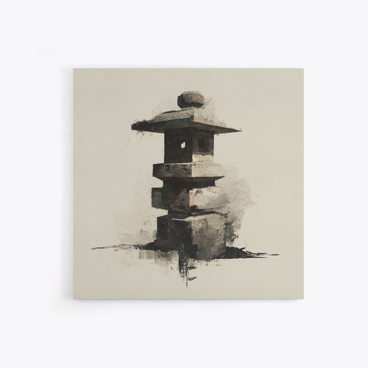 Minimal Japanese Stone Lantern Wall Art, Ink Style Zen Painting, Wabi Sabi Neutral Print For Japandi Home Decor And Entryway