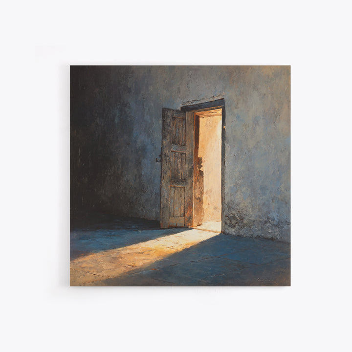 Sunlit Open Door Textured Wall Art Framed Canvas Print, Minimalist Rustic Decor, Moody Wall Art For Entryway Or Living Room
