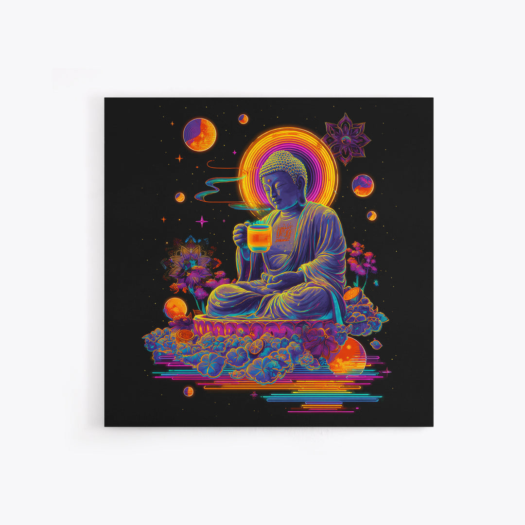 Colorful Neon Buddha With Celestial Elements Wall Art Canvas Print Spiritual Modern Home Decor Gift