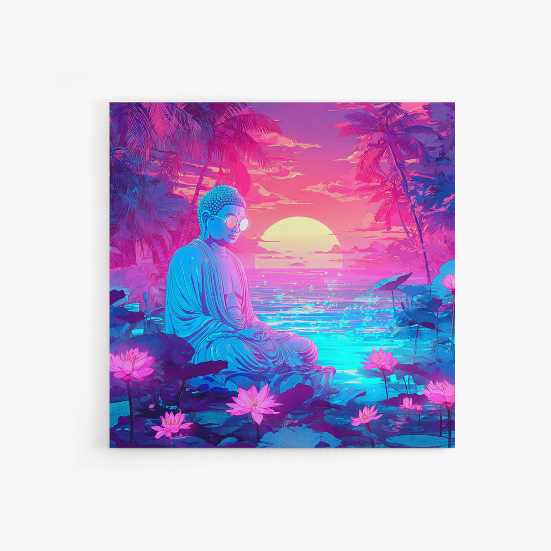 Neon Buddha Meditating By Futuristic Ocean Sunset Wall Art, Psychedelic Zen Lotus Canvas Print