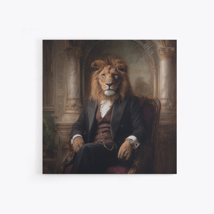 Regal Lion Gentleman Portrait Wall Art, Dark Academia Animal Painting, Victorian Library Decor, Luxury Masculine Office Decor