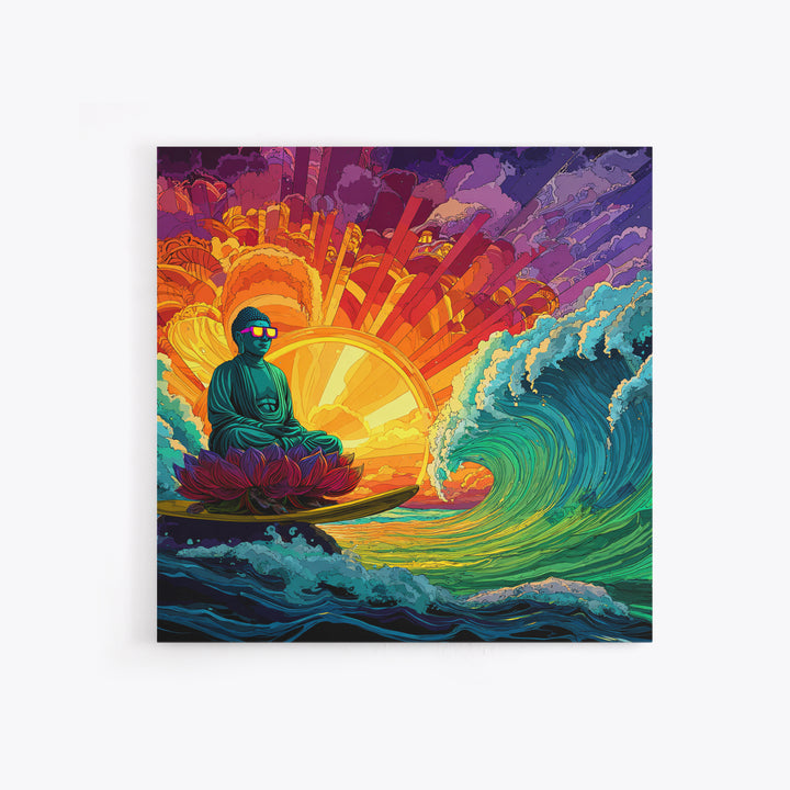 Psychedelic Surfing Buddha In Neon Sunset Waves Wall Art, Trippy Spiritual Canvas Print, Modern Boho Home Decor