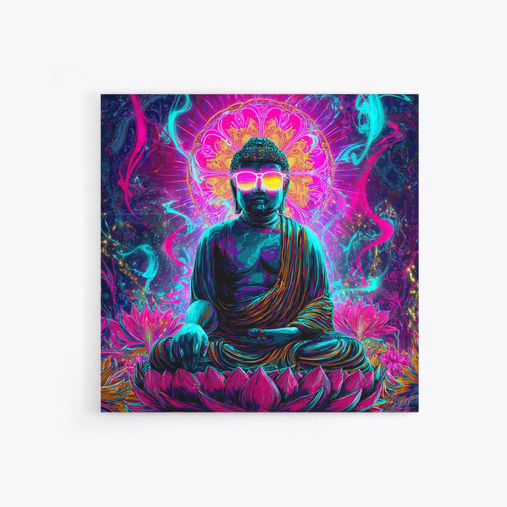 Neon Psychedelic Buddha Sitting On Lotus Flower Spiritual Wall Art Canvas Print Bright Vibrant Home Decor