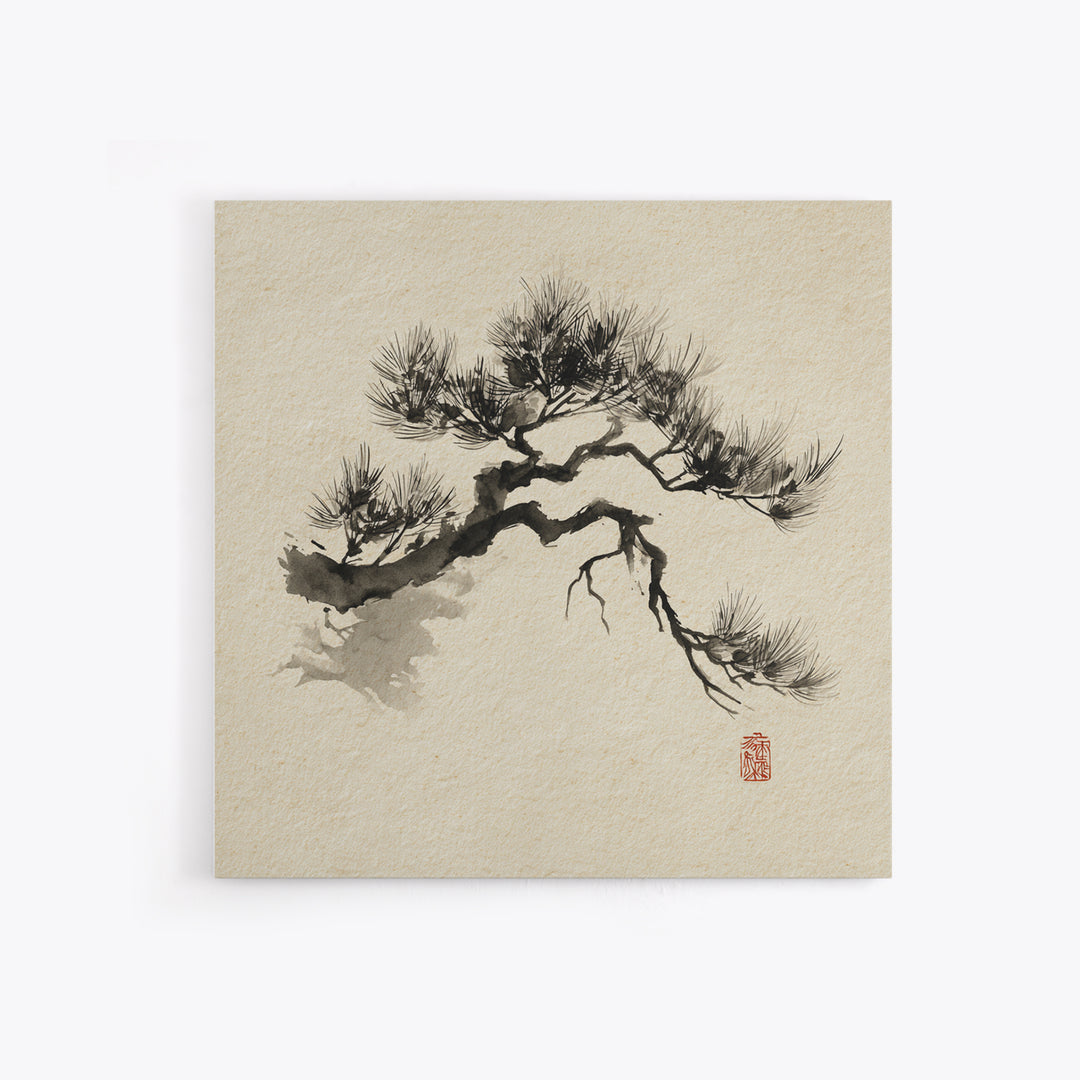 Japanese Ink Pine Tree Wall Art, Minimal Sumi E Landscape Framed Canvas Print, Wabi Sabi Zen Decor For Calm Modern Home Or Office