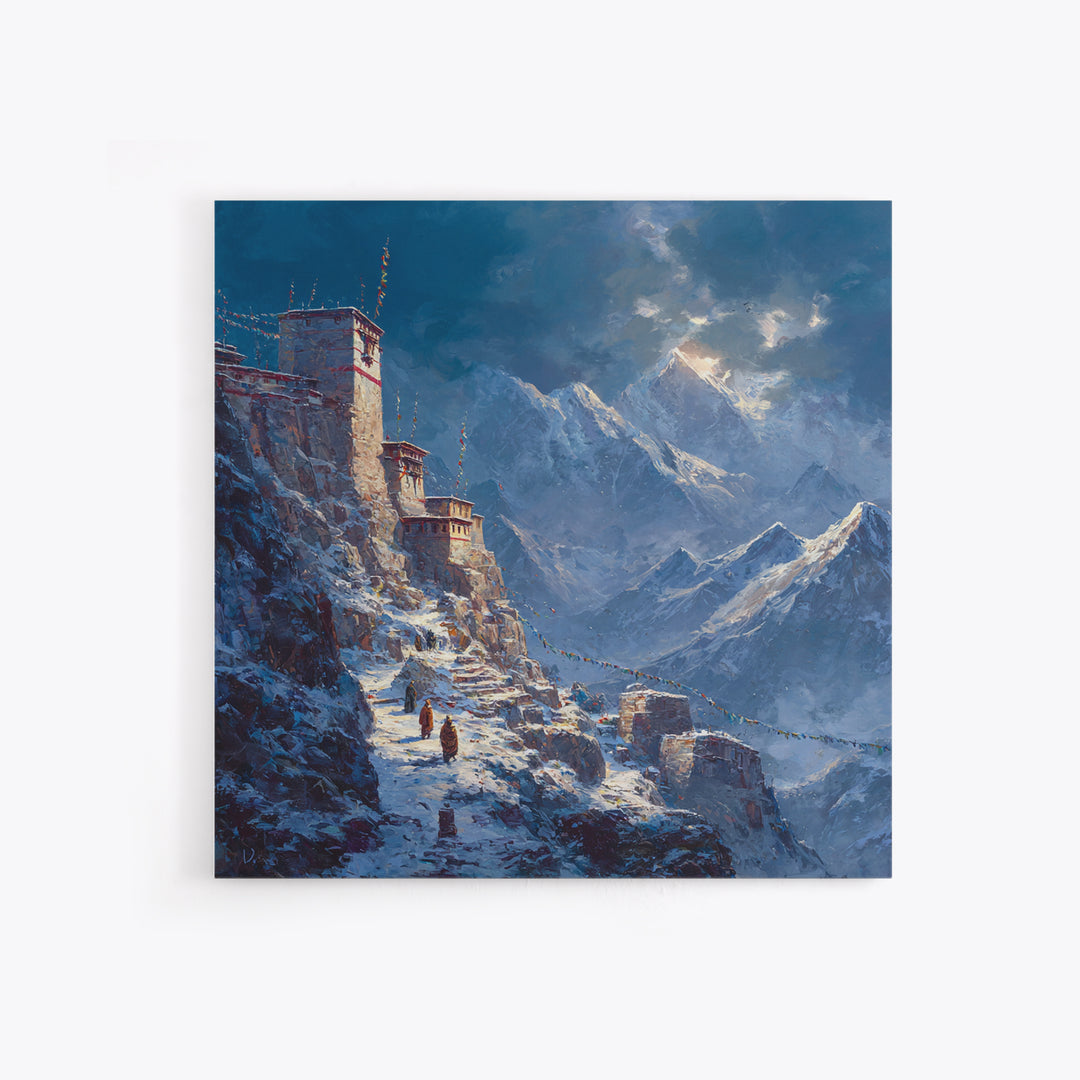 Himalayan Monastery Mountain Snow Wall Art, Dramatic Winter Landscape Canvas Print, Moody Travel Home Decor