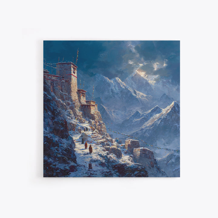 Himalayan Monastery Mountain Snow Wall Art, Dramatic Winter Landscape Canvas Print, Moody Travel Home Decor