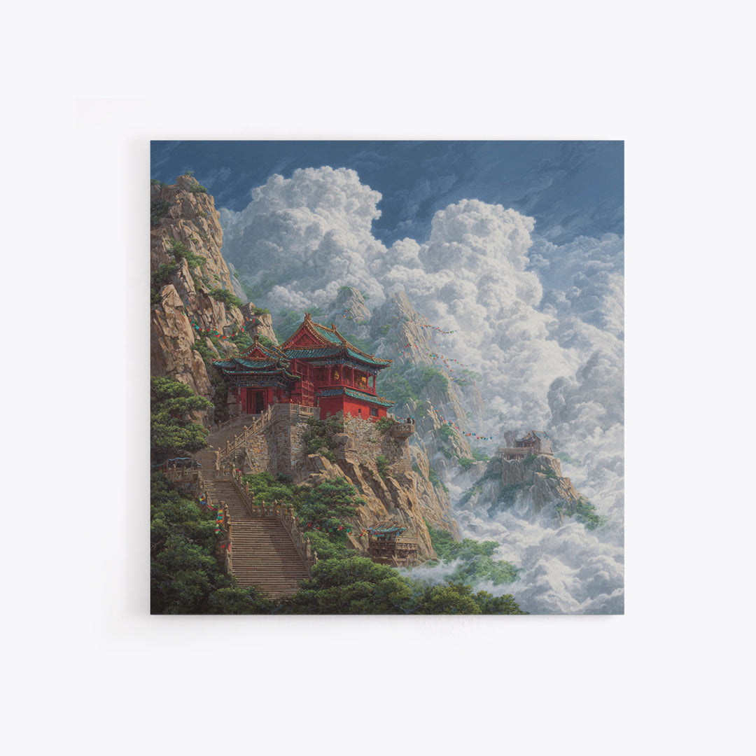 Temple Above The Clouds Fantasy Mountain Landscape Wall Art, Asian Inspired Nature Home Decor, Large Canvas Print