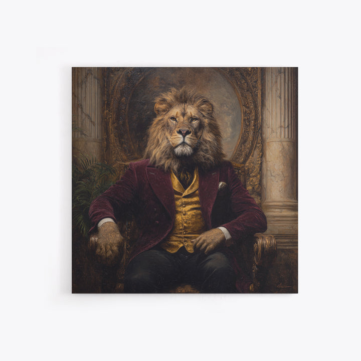Majestic Lion In Burgundy Suit Framed Canvas Print, Victorian Animal Portrait, Dark Academia Office Decor, Luxury Wall Decor