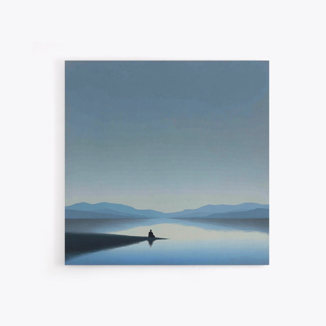 Minimalist Lake Meditation Landscape Wall Art, Calming Blue Mountains Canvas Print, Modern Living Room Decor Artwork