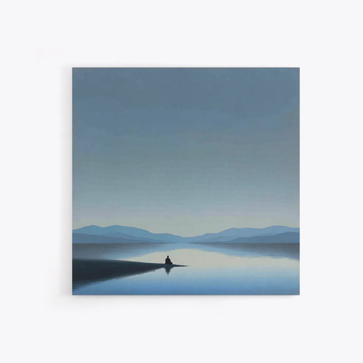 Minimalist Lake Meditation Landscape Wall Art, Calming Blue Mountains Canvas Print, Modern Living Room Decor Artwork