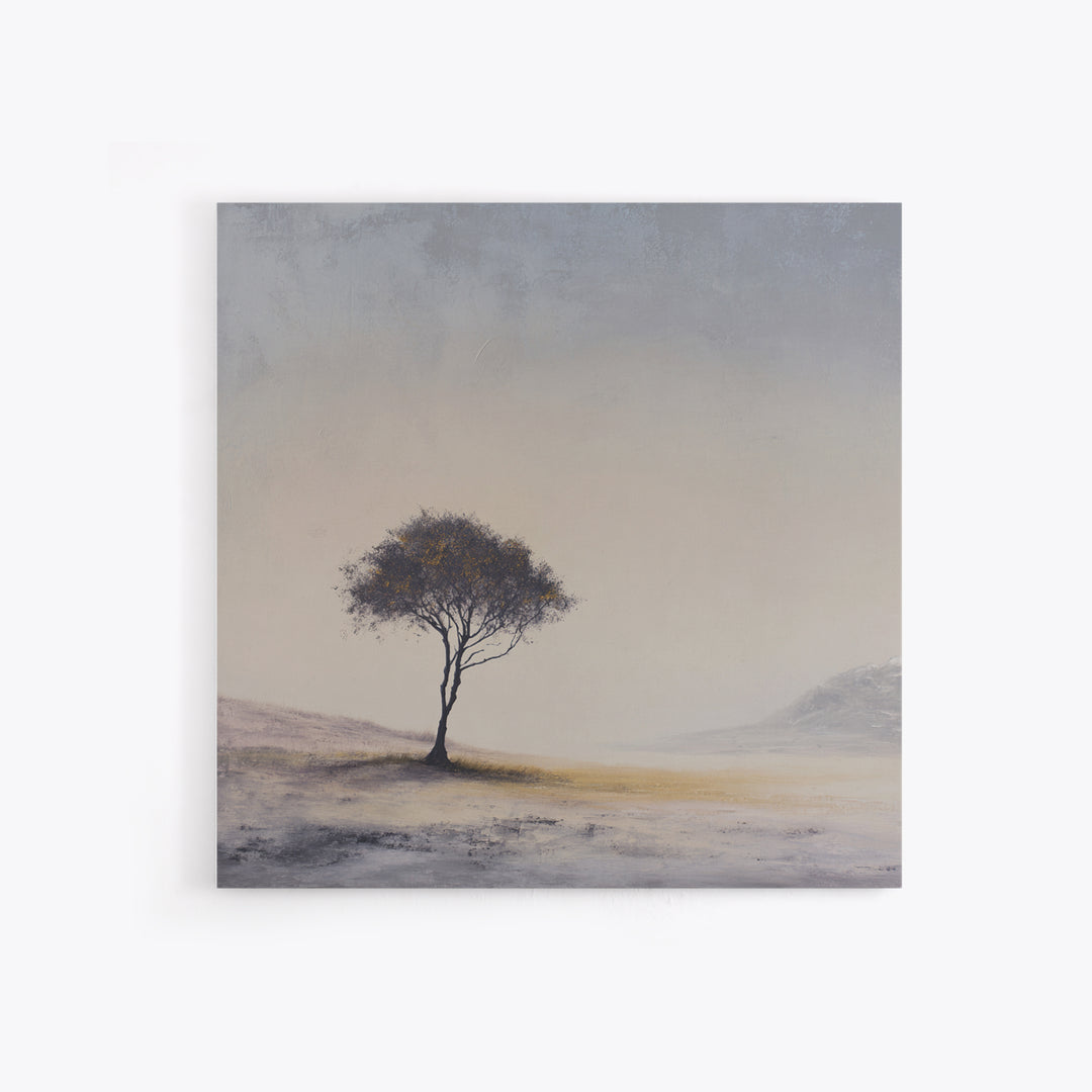 Soft Neutral Lone Tree Landscape Wall Art, Minimal Abstract Beige Canvas Print, Calming Wabi Sabi Earth Tone Decor