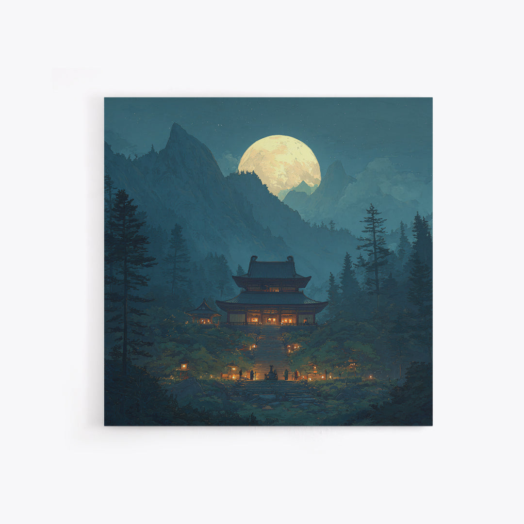 Moonlit Mountain Temple Landscape Wall Art Large Framed Canvas Print For Zen Meditation Room And Mystical Home Decor