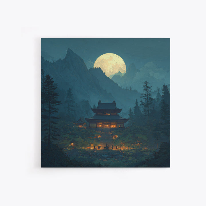 Moonlit Mountain Temple Landscape Wall Art Large Framed Canvas Print For Zen Meditation Room And Mystical Home Decor