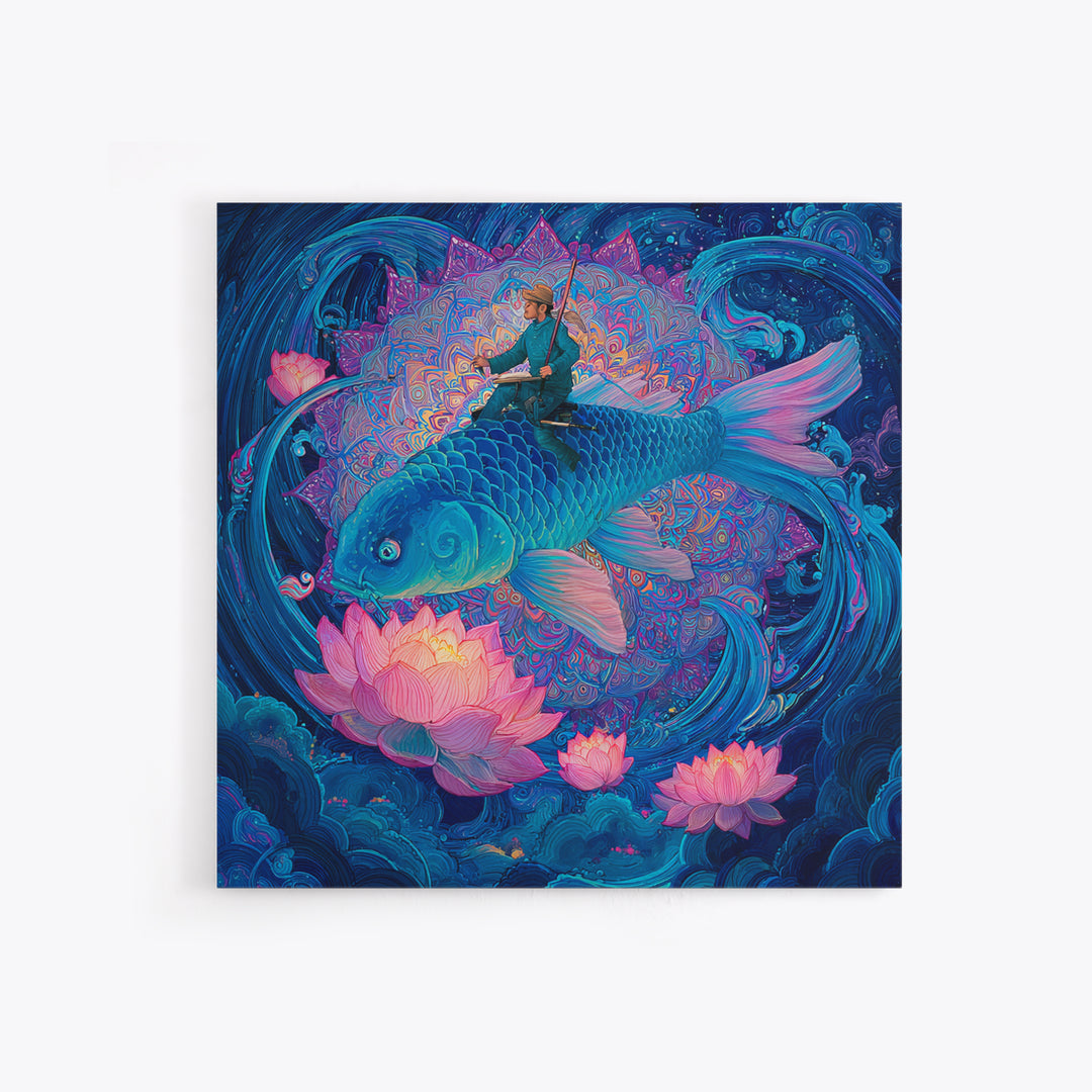 Surreal Fisherman Riding Koi Fantasy Art Wall Art, Celestial Mandala Canvas Print, Mystical Ocean Decor Whimsical Illustration