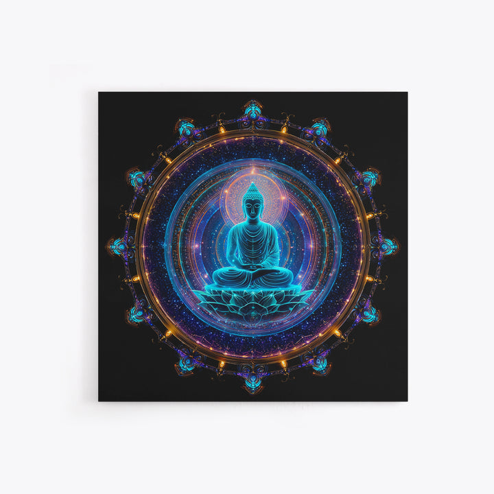 Mystical Neon Blue Buddha Mandala Spiritual Meditation Wall Art Canvas Print Yoga Room Decor