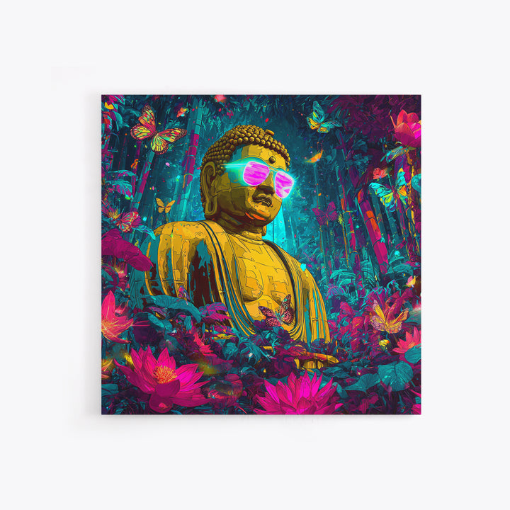 Neon Jungle Buddha With Butterflies Wall Art, Psychedelic Spiritual Canvas Print, Colorful Boho Home Decor