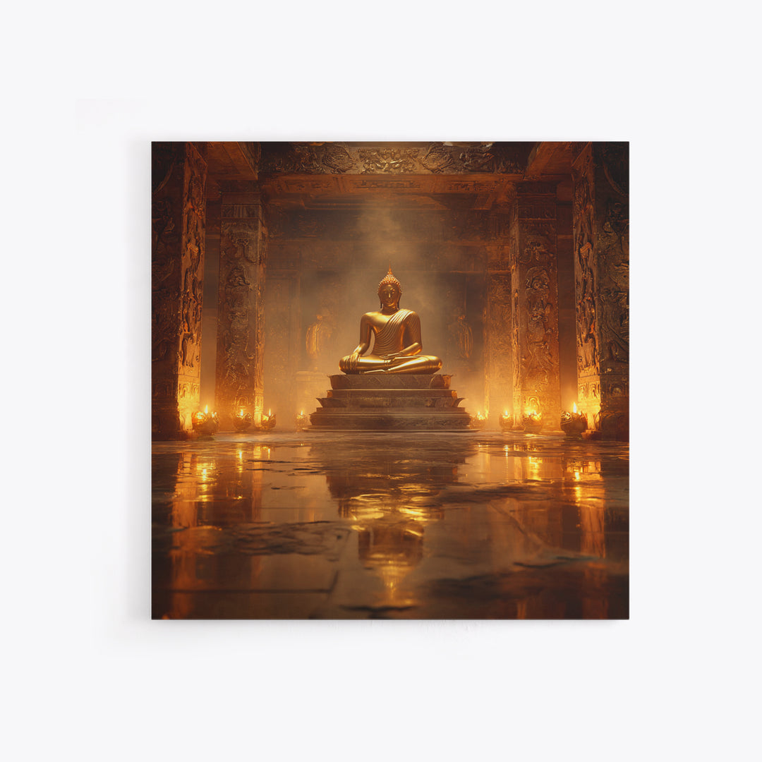 Golden Buddha Temple Wall Art, Serene Zen Statue Framed Canvas Print, Meditation Room Decor, Spiritual Asian Inspired Home Decor