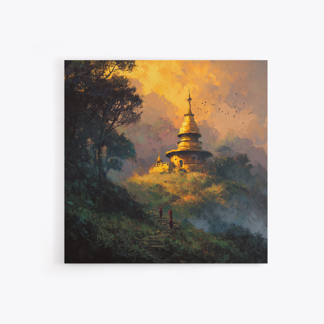 Golden Temple On Hill With Monks Walking Misty Path Wall Art Framed Canvas Print For Spiritual Home Decor