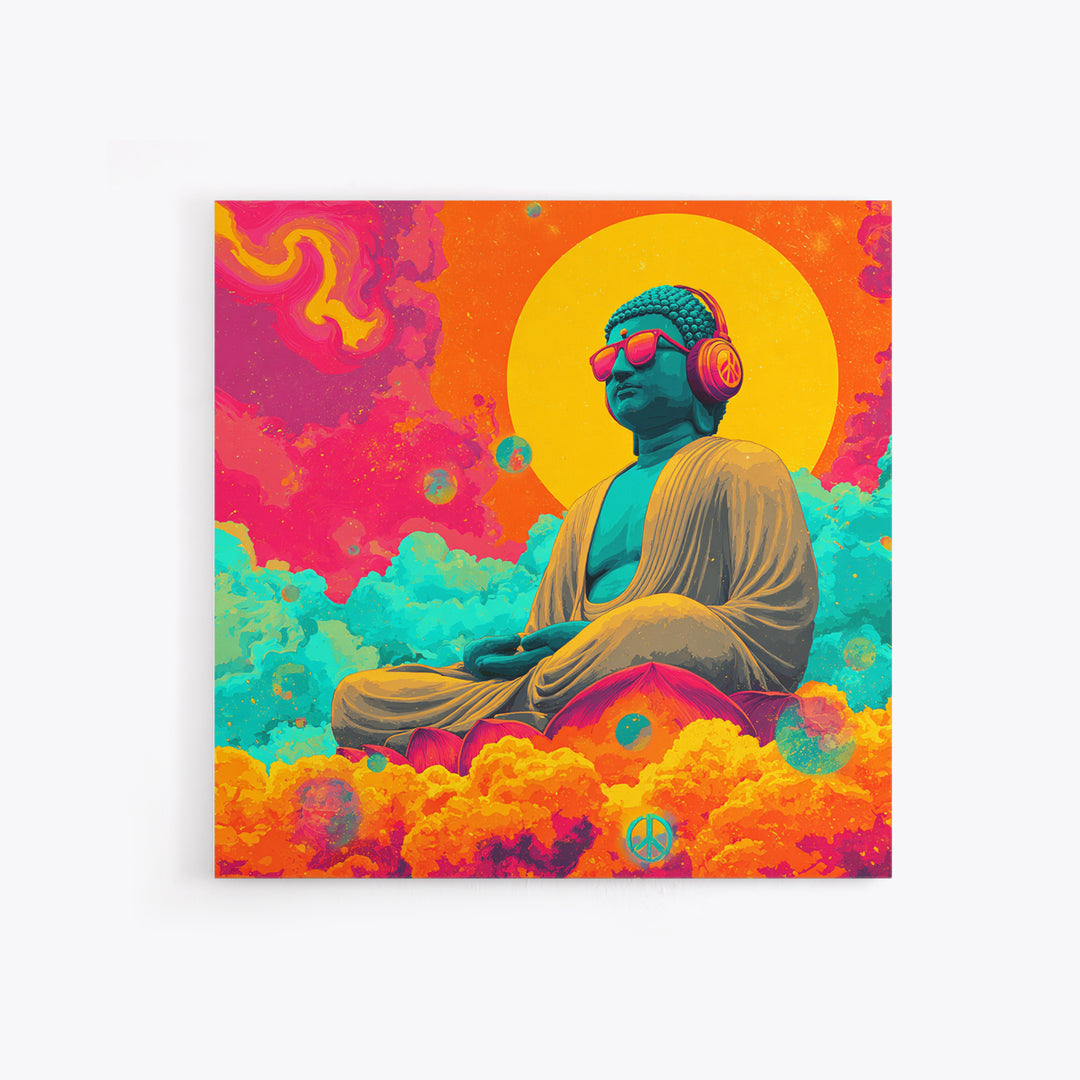 Psychedelic Buddha With Headphones Wall Art Canvas Print Colorful Spiritual Zen Decor Meditation Art