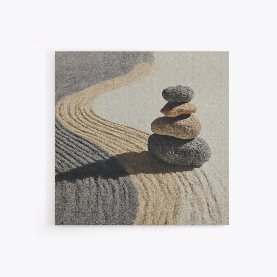 Zen Stones In Raked Sand Minimalist Wall Art, Neutral Abstract Canvas Print For Calming Modern Home Decor Living Room