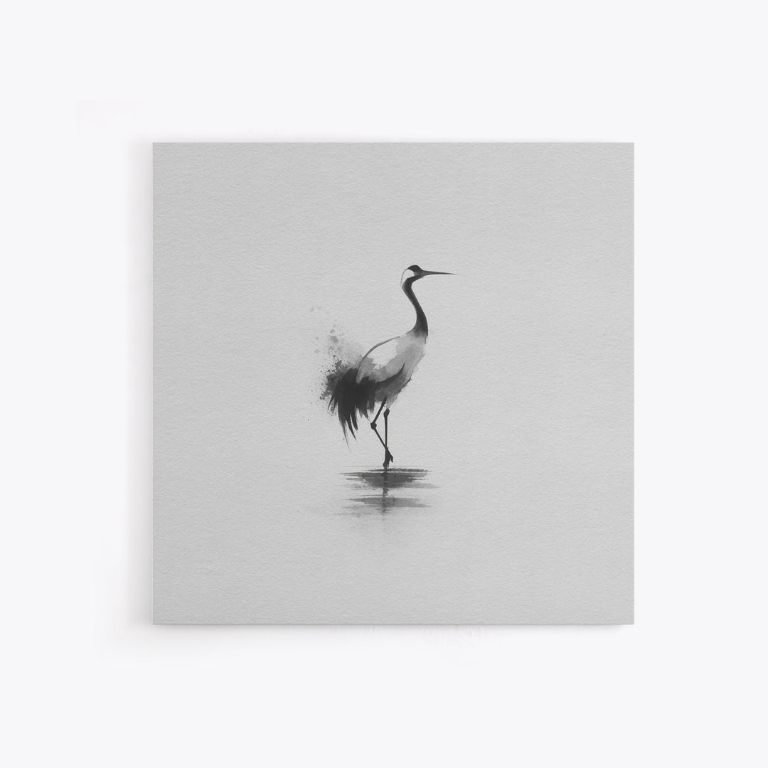 Minimal Japanese Crane Ink Wall Art, Black And White Bird Painting Canvas Print, Zen Nature Decor For Modern Home