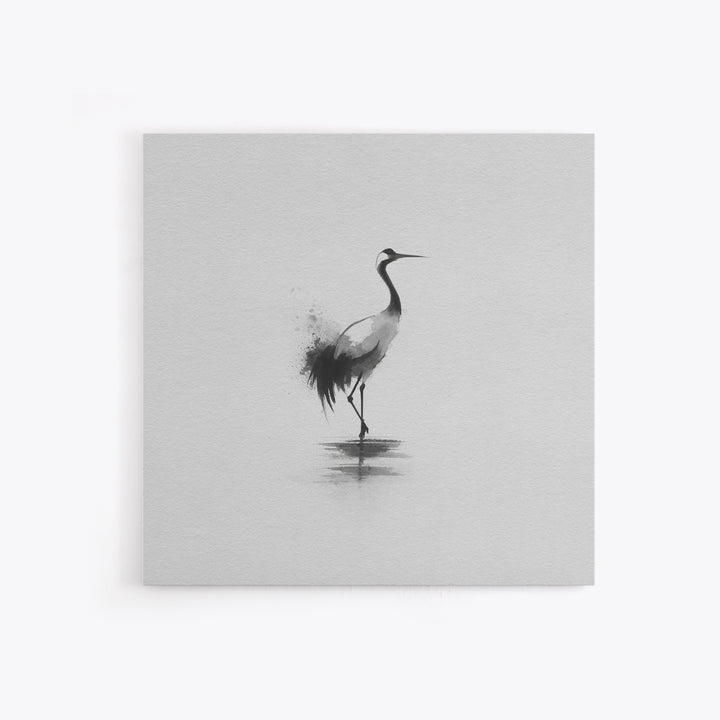 Minimal Japanese Crane Ink Wall Art, Black And White Bird Painting Canvas Print, Zen Nature Decor For Modern Home