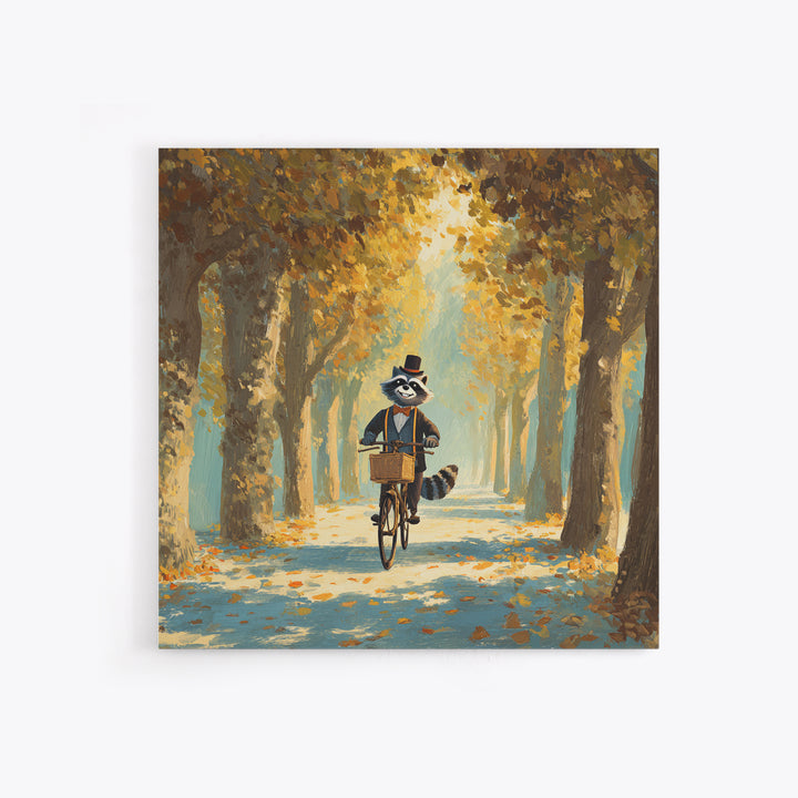 Whimsical Raccoon Riding Bicycle Wall Art, Cozy Autumn Woodland Animal Painting, Storybook Nursery Decor, Cute Kids Room Art