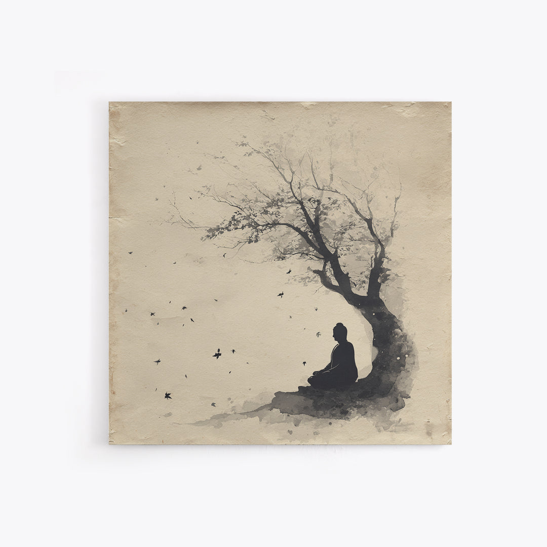 Calm Minimalist Ink Style Buddha Silhouette Under Tree Tranquil Wall Art Canvas Print Meditation Room Décor
