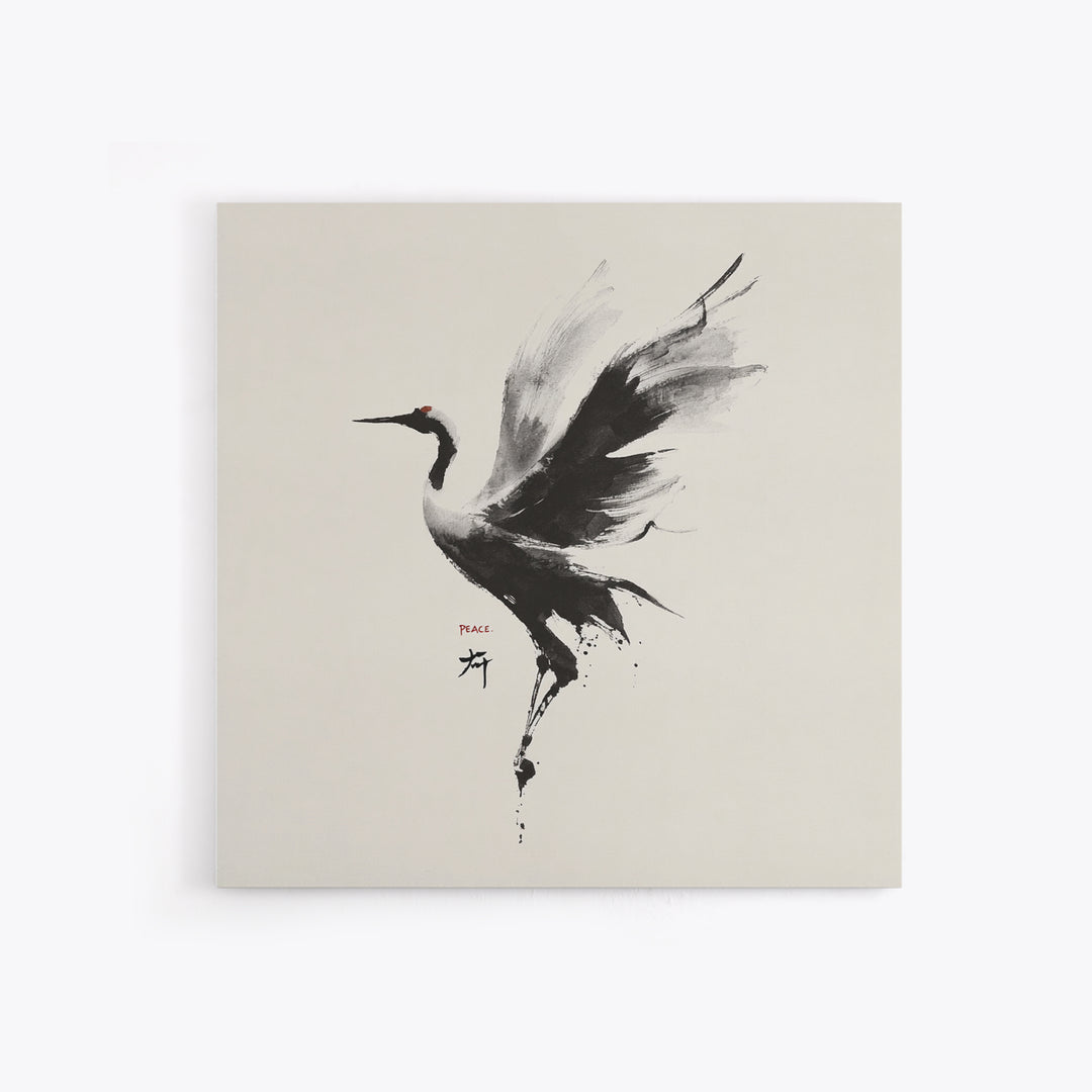 Japanese Ink Crane Bird Wall Art, Minimal Black And White Animal Canvas Print, Zen Japandi Home Decor