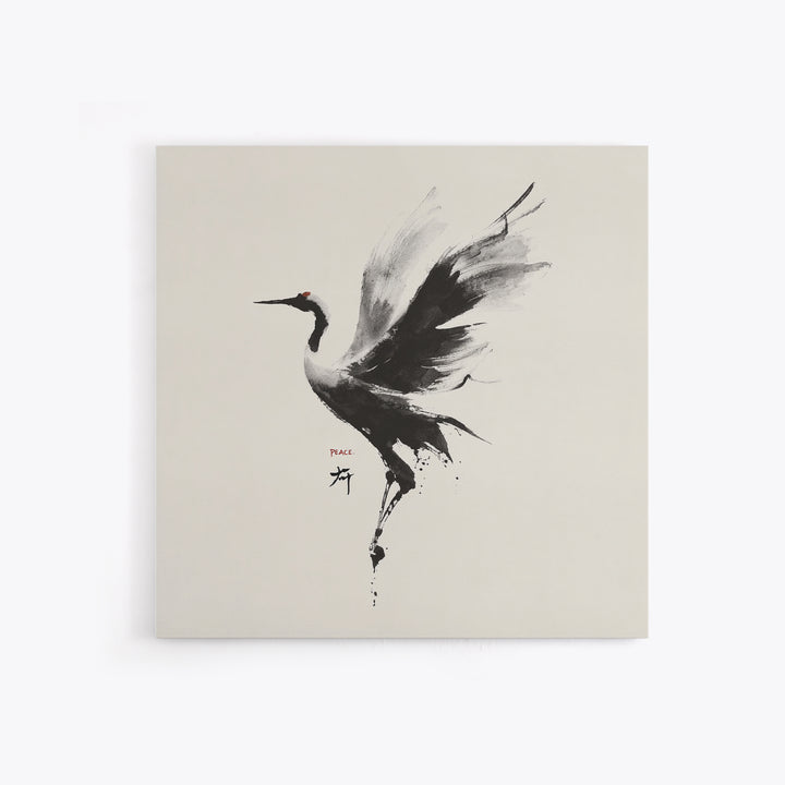 Japanese Ink Crane Bird Wall Art, Minimal Black And White Animal Canvas Print, Zen Japandi Home Decor