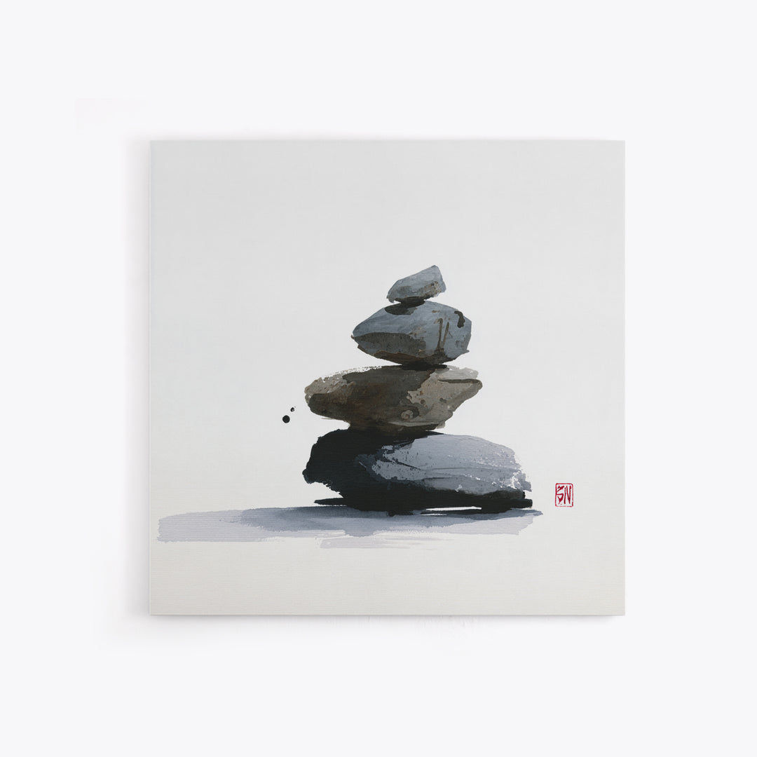 Minimal Zen Rock Stack Wall Art, Japanese Ink Stone Balance Canvas Print, Calm Japandi Home Decor