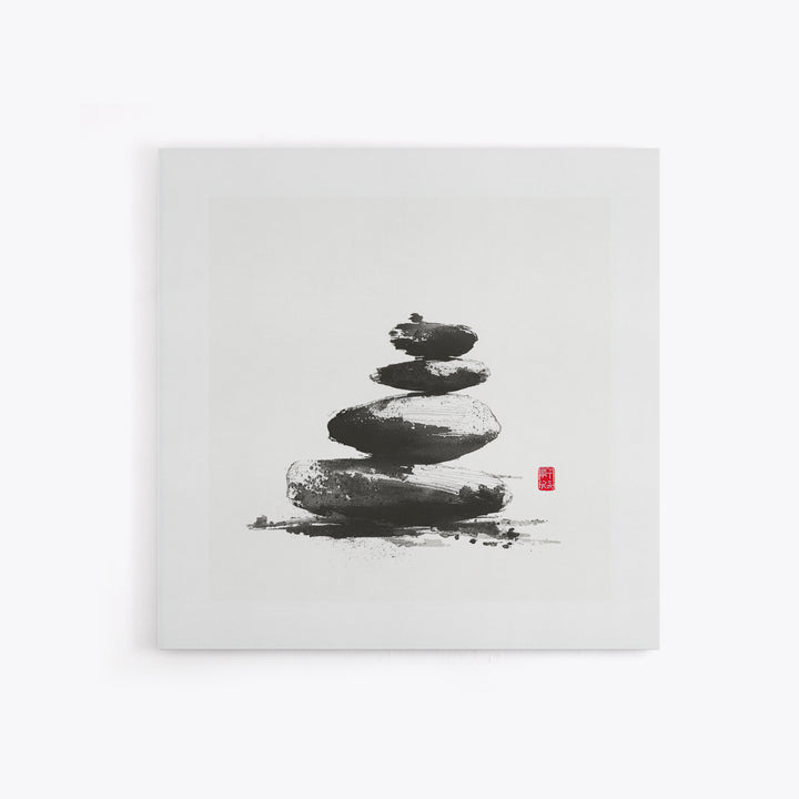 Zen Stone Stack Wall Art, Minimal Japanese Ink Rock Painting Canvas Print, Calming Spa Bathroom And Yoga Decor