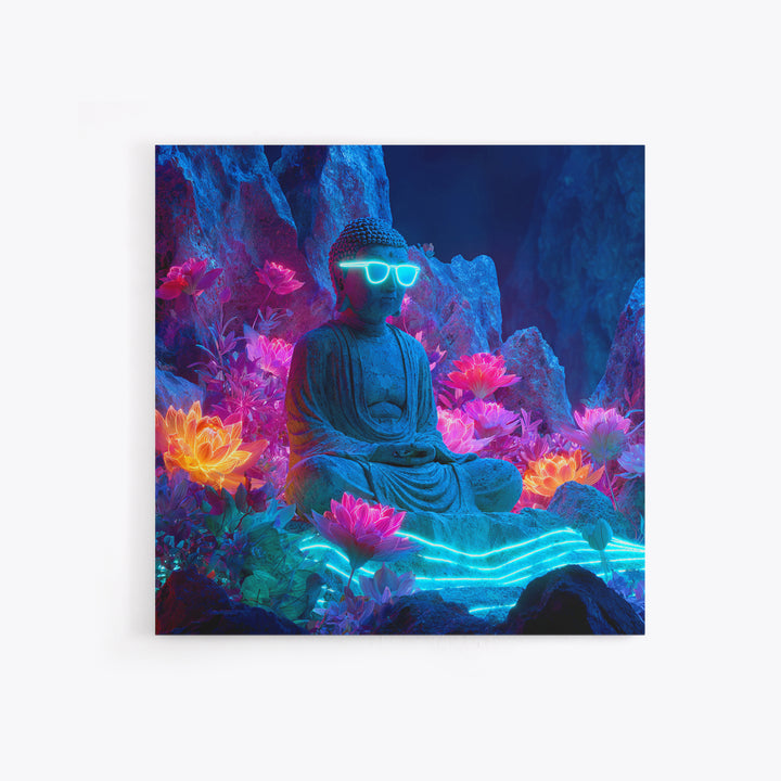 Neon Buddha Lotus Garden Canvas Print, Glowing Meditation Wall Art, Psychedelic Spiritual Decor For Yoga Room Or Boho Home