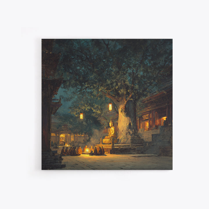 Moonlit Temple Gathering Wall Art, Mystical Night Buddha Landscape Canvas Print, Moody Spiritual Home Decor