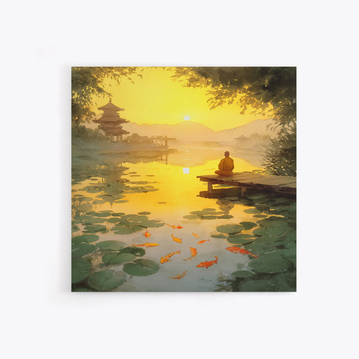 Golden Sunset Zen Lake With Koi And Temple Landscape Wall Art, Peaceful Japanese Decor Framed Canvas Print