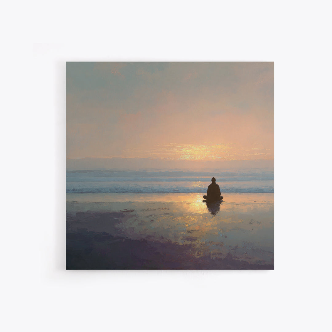 Meditation On Beach At Sunrise Wall Art, Minimalist Zen Seascape Canvas Print For Calming Bedroom Or Yoga Room Decor
