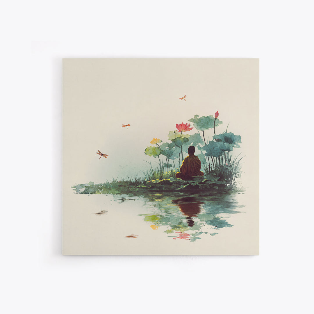 Meditation By Lotus Pond Wall Art, Peaceful Watercolor Landscape, Zen Mindfulness Decor, Yoga Studio Framed Canvas Print