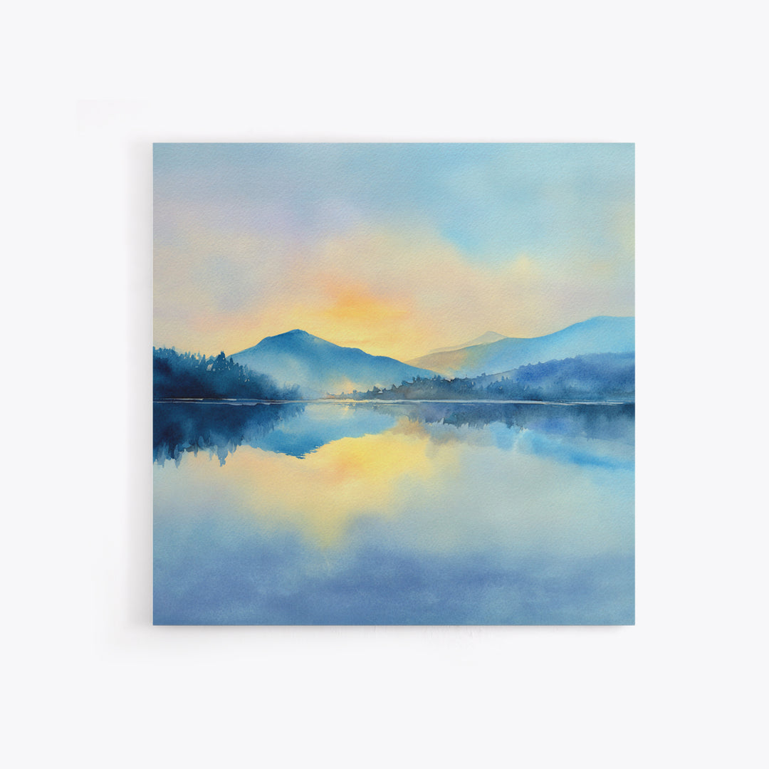 Soft Watercolor Mountain Lake Sunrise Wall Art, Calming Landscape Canvas Print, Serene Bedroom And Living Room Decor