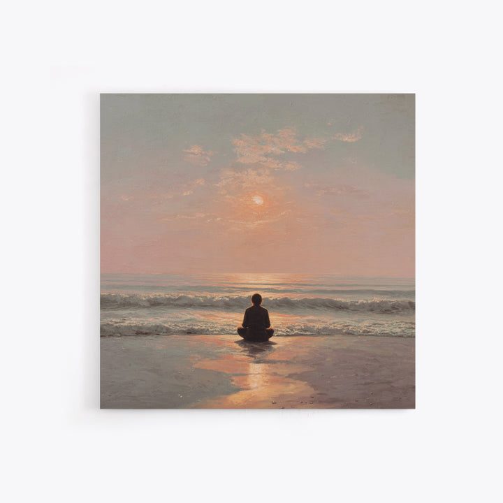 Sunset Beach Meditation Figure Wall Art, Serene Mindfulness Canvas Print, Calming Coastal Zen Bedroom Decor