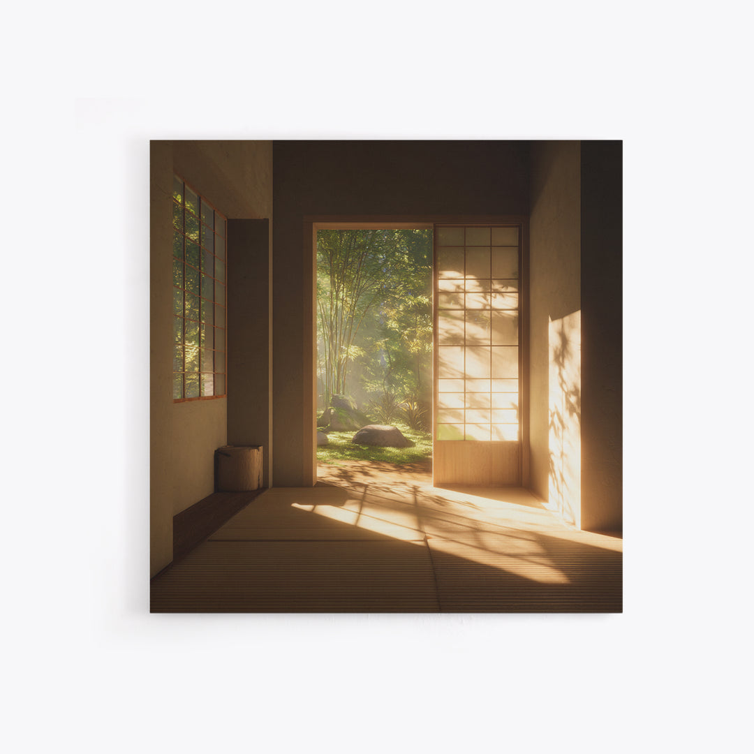 Minimal Japandi Zen Room With Garden View Wall Art, Serene Japanese Interior Framed Canvas Print
