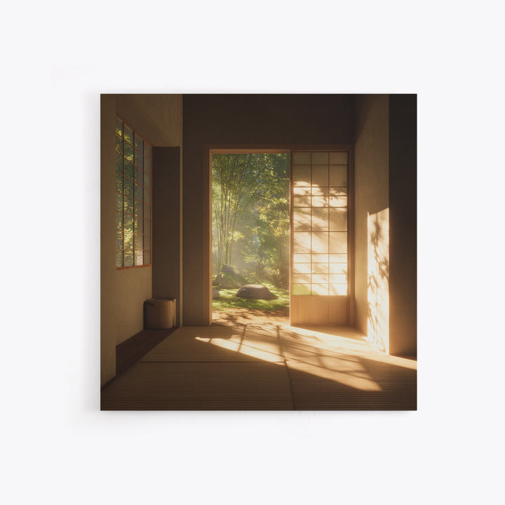 Minimal Japandi Zen Room With Garden View Wall Art, Serene Japanese Interior Framed Canvas Print