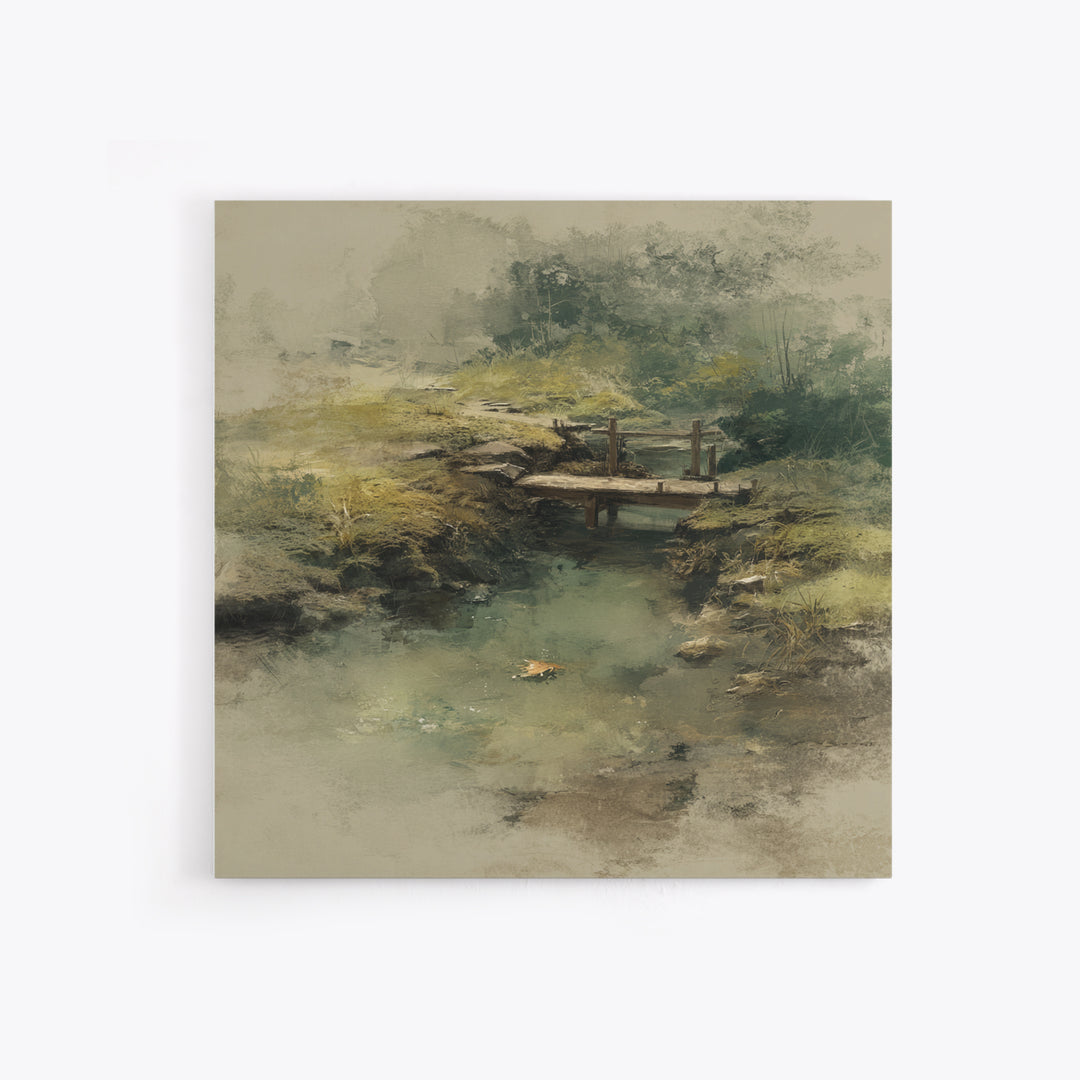 Misty Creek With Wooden Footbridge Watercolor Landscape Wall Art, Soft Nature Painting Print, Calming Home Decor Bedroom Art