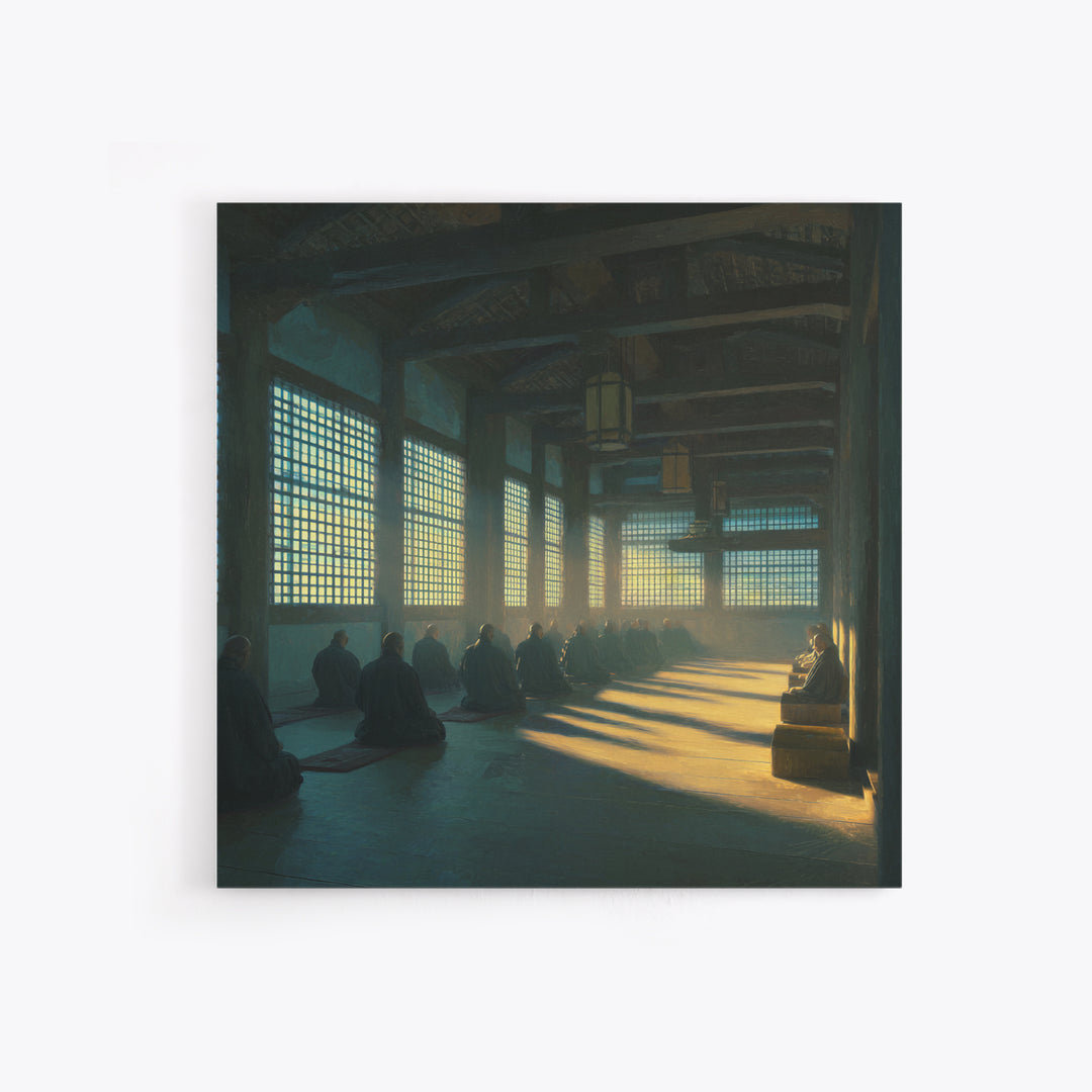 Zen Monastery Meditation Wall Art, Minimalist Monks In Light Print, Calming Spiritual Decor, Wabi Sabi Inspired Artwork For Living Room