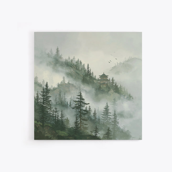 Misty Pine Forest With Distant Temple Painting Wall Art, Tranquil Mountain Landscape Print, Zen Japandi Nature Decor