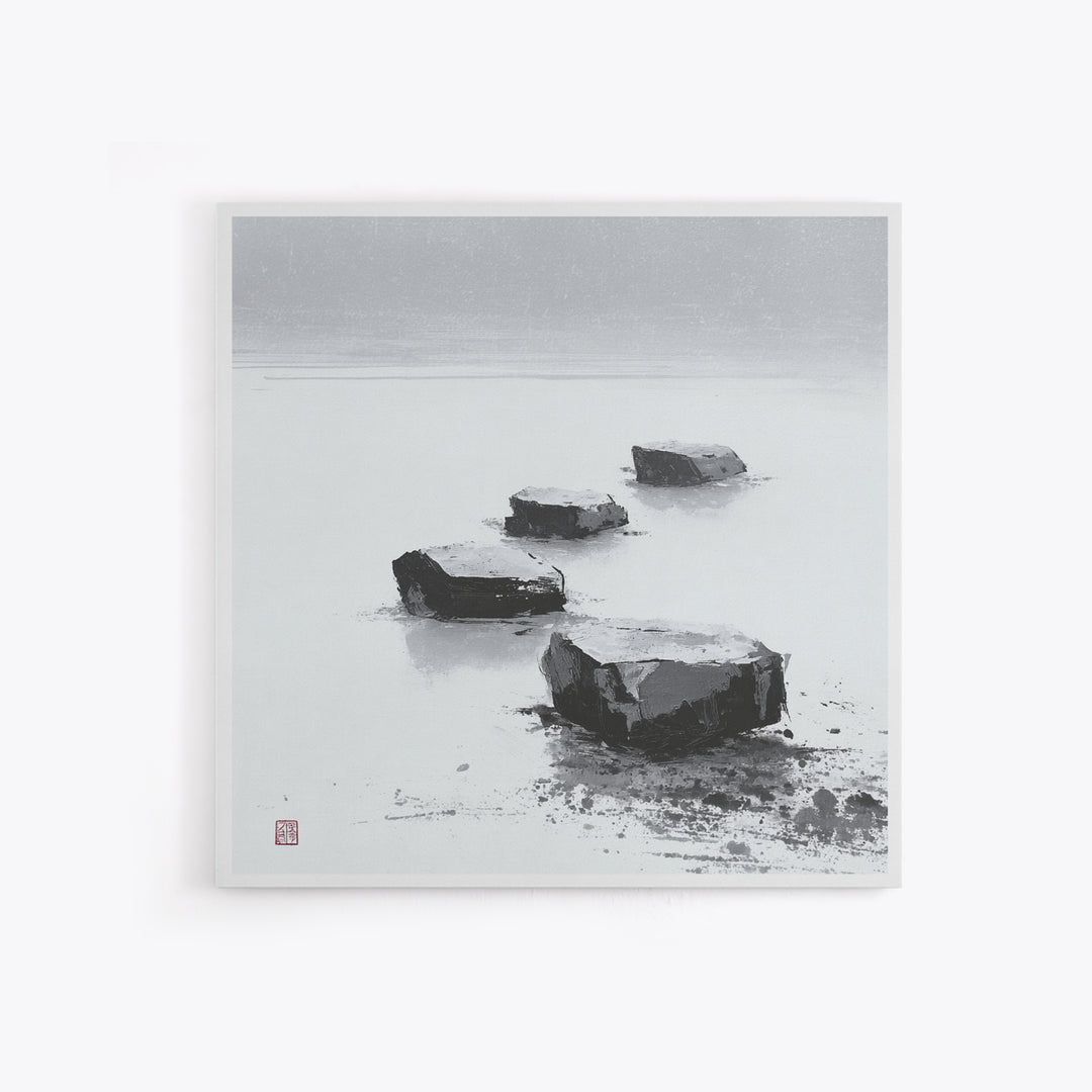 Minimal Zen Stepping Stones Wall Art, Black And White Japanese Canvas Print, Calming Wabi Sabi Decor For Home