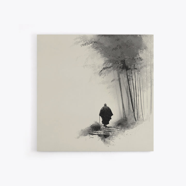 Minimalist Zen Monk Walking In Bamboo Fog Japanese Wall Art Black And White Print Japandi Decor Calming Wabi Sabi Artwork