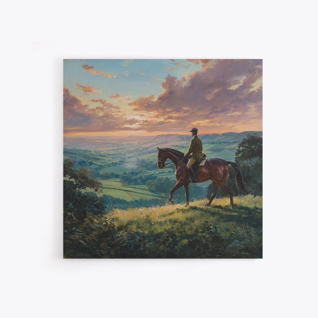 Equestrian Rider Over Rolling Countryside Wall Art, Sunset Landscape Painting, Horse Lover Decor, English Country Wall Art